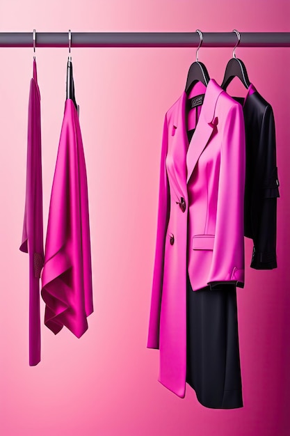 Розовая женская блузка висит на красивой вешалке на розовом фоне с копировальным пространством