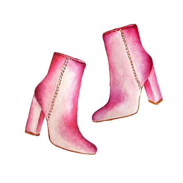 Pink woman boots watercolor painted on white