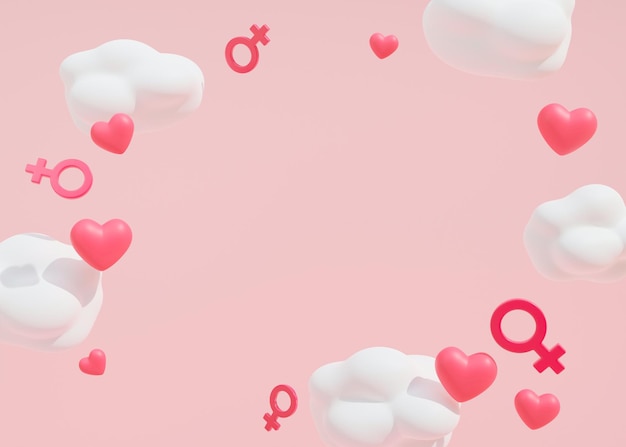ピンクの女性の日の背景にテキスト広告用のコピー スペース、ハートの雲と女性の性別の兆候、浮揚 3 d レンダリング