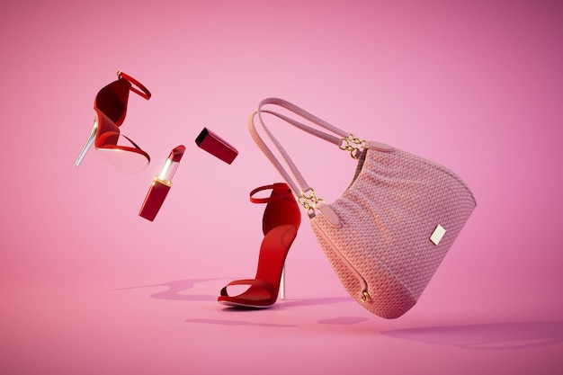 Pink women's handbag red heeled shoes and red lipstick on a pastel background 3D render