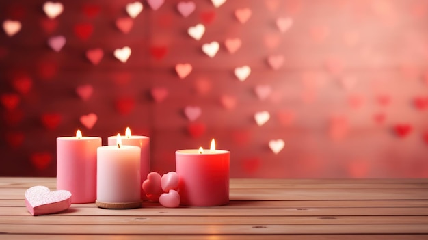 Pink wooden background with red hearts gifts and candles Valentine39s Day concept