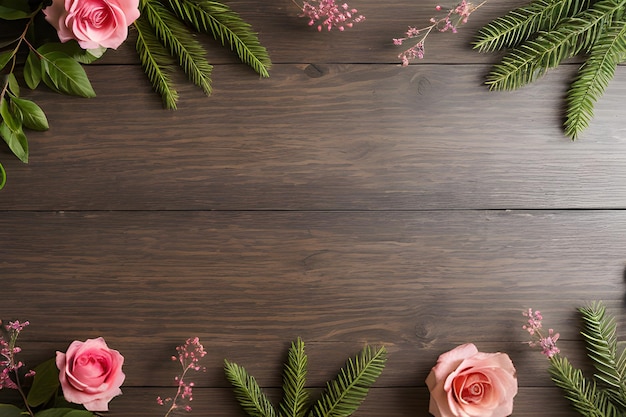 Photo pink wooden surface with decorative twigs