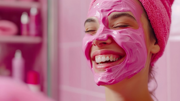 The pink world of beauty treatments After shower the girl put mask on face woman taking care of skin