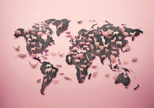 Photo pink world map with animals