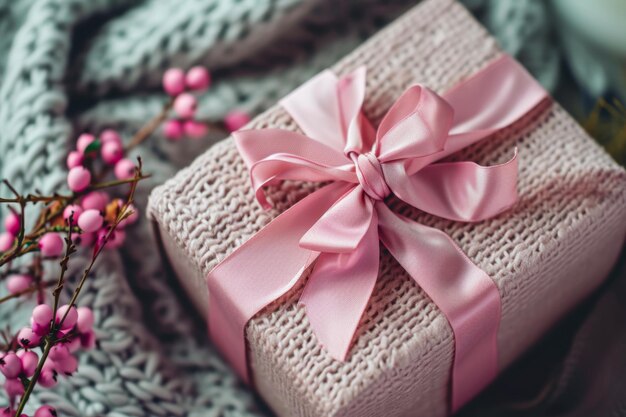 Photo pink wrapped present on blanket