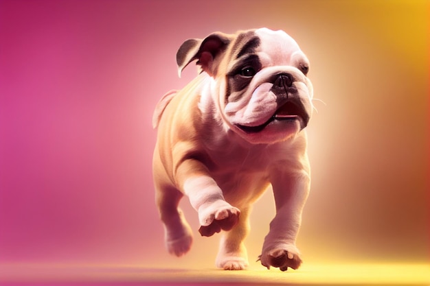 A pink and yellow background with a bulldog running.