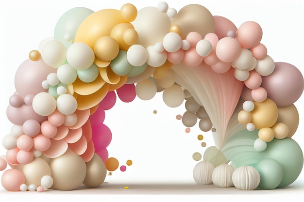 A pink and yellow balloon arch with a white background.