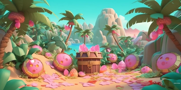 A pink and yellow beach scene with a pink treasure chest and a pink flamingo on the bottom.