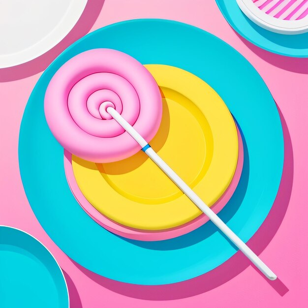 A pink and yellow candy lollipop is on a pink background with other plates.