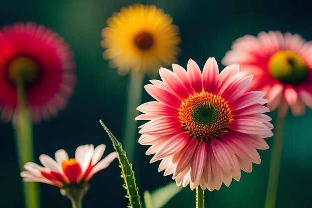 a pink and yellow daisy with a green center.