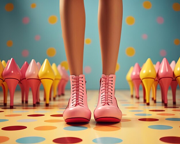 Foto una bambola rosa e gialla in piedi di fronte a diverse scarpe nello stile del minimalismo pop art