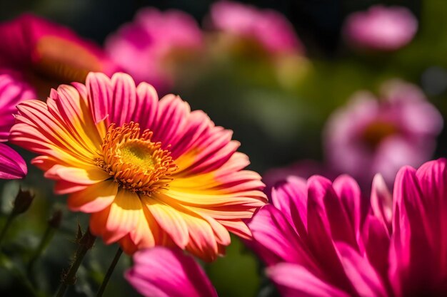 A pink and yellow flower is in the corner of a picture