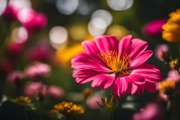 ピンクと黄色の花が絵の隅にある