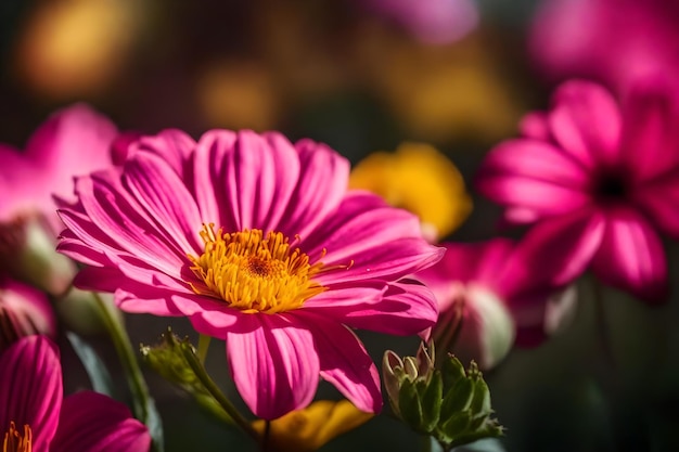 A pink and yellow flower is in the corner of a picture