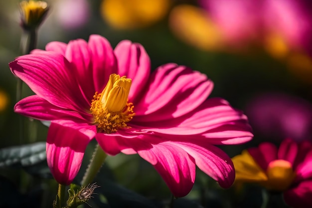 ピンクと黄色の花が絵の隅にある