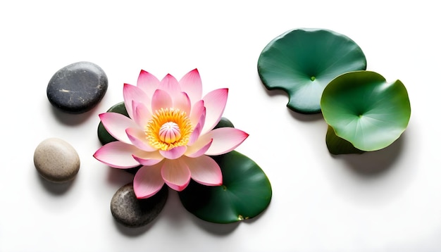 a pink and yellow flower is surrounded by green leaves