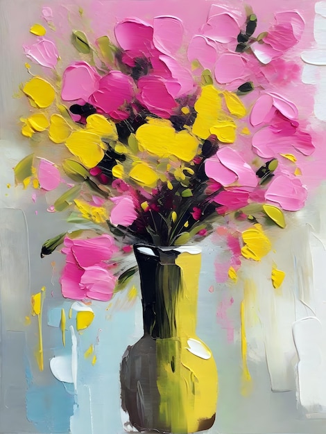 Pink yellow flower vase abstract oil painting