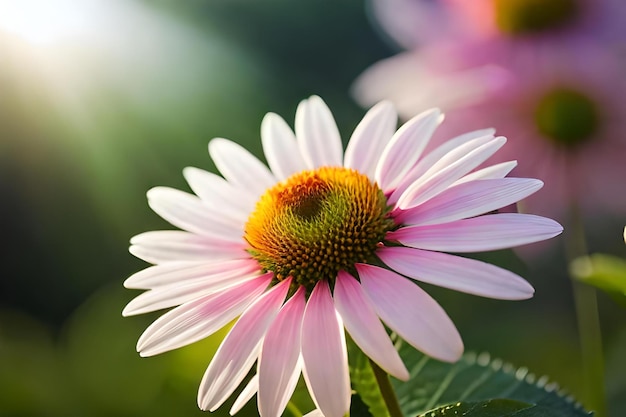 A pink and yellow flower with a green center.