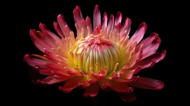 A pink and yellow flower with a large center that says'flower of the month '