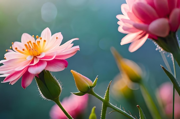 Pink and yellow flowers with the sea in the background