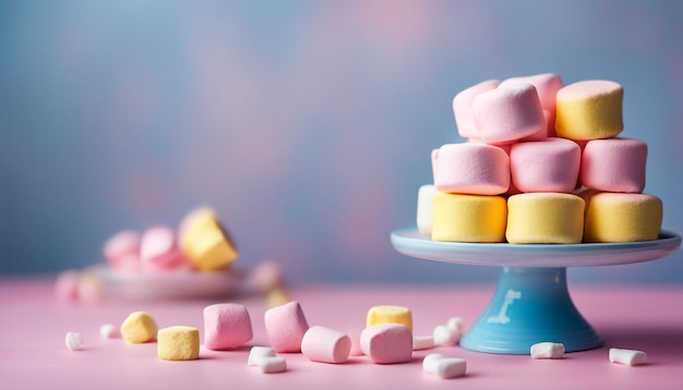 Photo pink and yellow marshmallow on a blue cake stand pink background