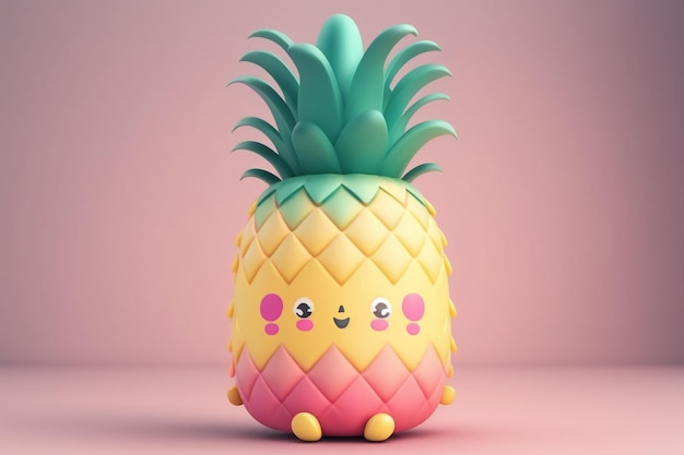 A pink and yellow pineapple with a green leaf and the word pineapple on it.