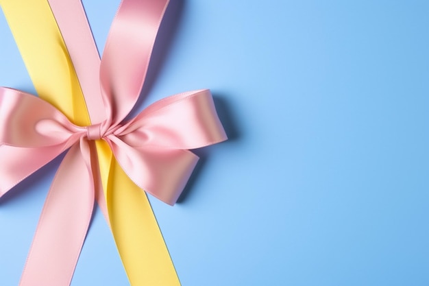 Pink and yellow ribbon bow on a blue background