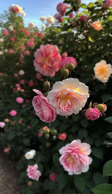 A pink and yellow rose bush with pink roses in the background.