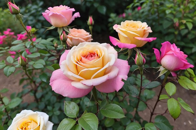 A pink and yellow rose is in a garden with other flowers