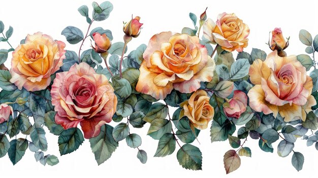 Pink and Yellow Roses with Eucalyptus on White Background Generative AI