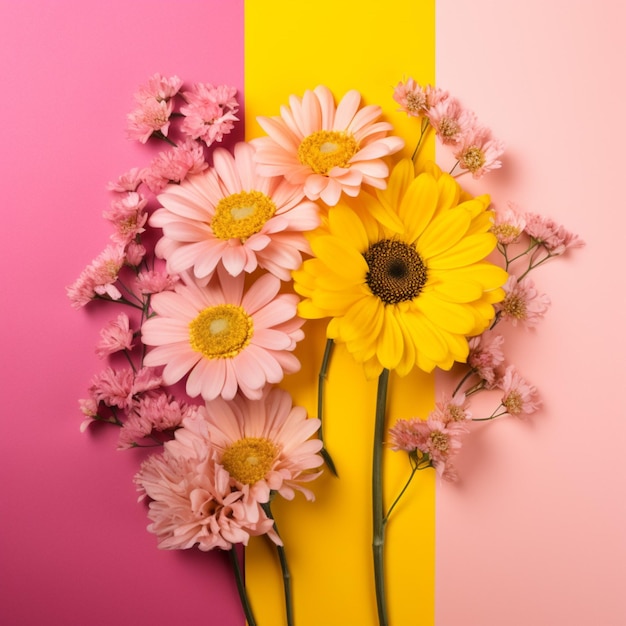 A pink and yellow striped background with flowers on it.