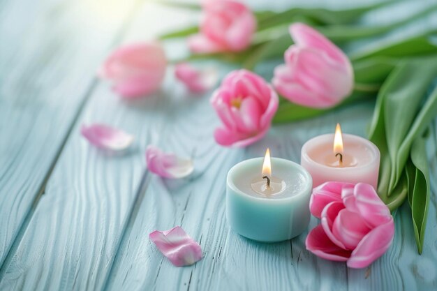 Pink yellow tulip flowers lit candles on rustic wooden background Greeting card