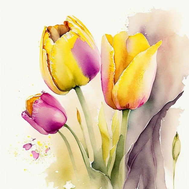 Pink and yellow tulips bouquet with green leaves in watercolor style Fresh flowers