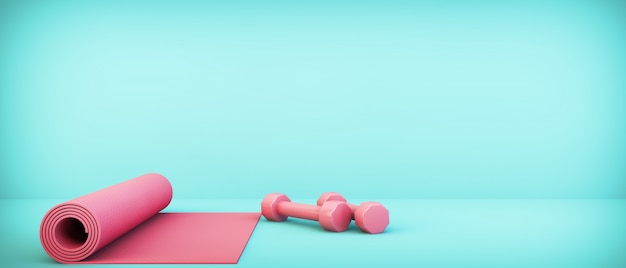 Pink yoga fitness equipment on blue background