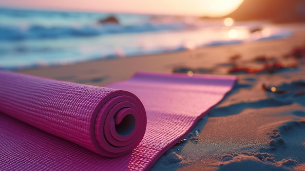 Pink yoga mat resting on sandy beach breast cancer