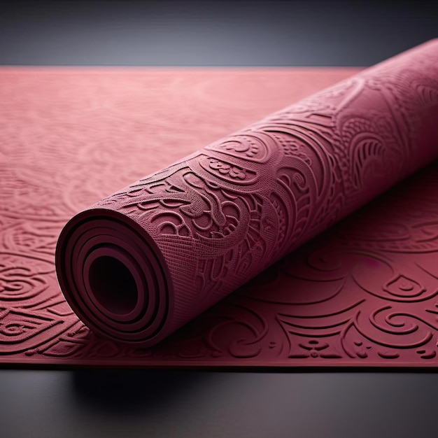 Photo a pink yoga mat with designs on it in the style of dark red