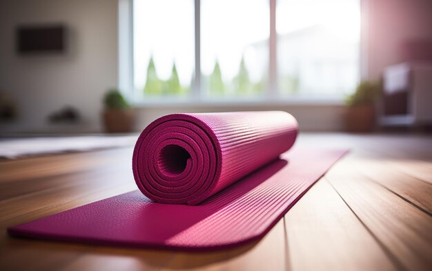 Photo pink yoga mat on the wooden floor ready for a workout