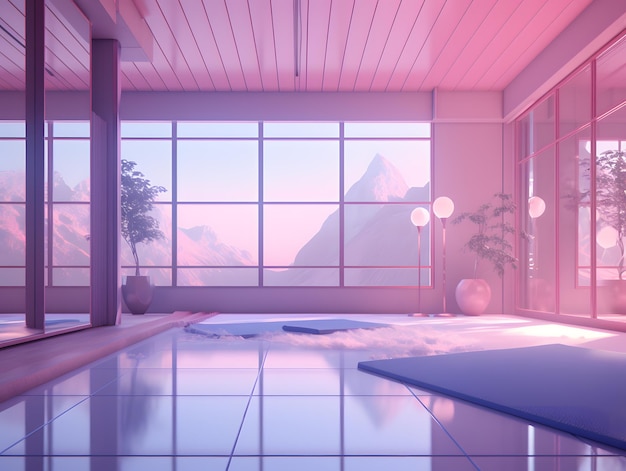 Pink yoga room with sunshine come from big window a carpet and a sofa 3d rendering