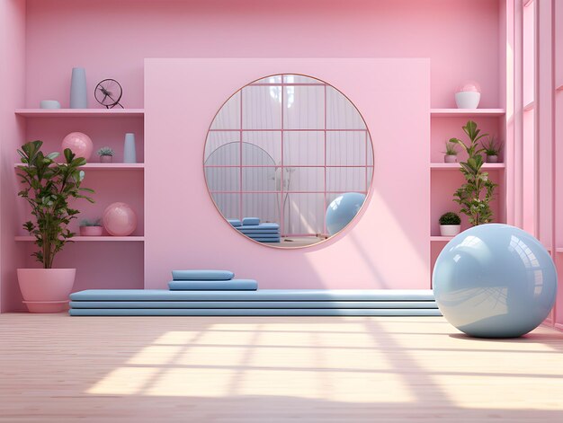 Pink yoga room with sunshine come from big window a carpet and a sofa 3d rendering