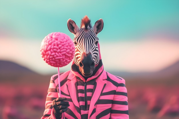 A pink zebra with a pink brain on his head
