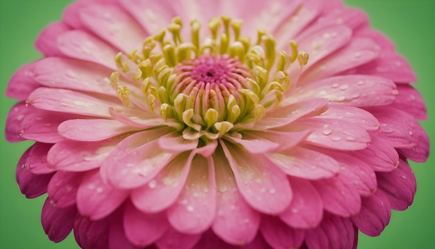 Pink zinnia flower with detailed petals and yellow stamens with a blurred green background