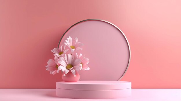 Pinkblank podium with flowers on pink background product presentation stage