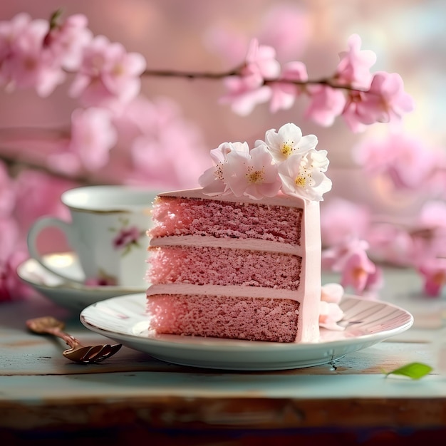 A pinkcake with fresh cherry blossoms near a cup