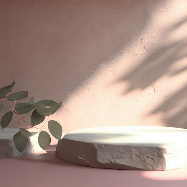 Pinkish stones 3d illustration natural green leaves with shadows rock product stage in white empty room display platform abstract background