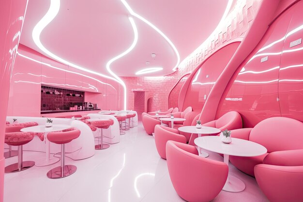 Pinkthemed cafe with futuristic interior and sleek furniture