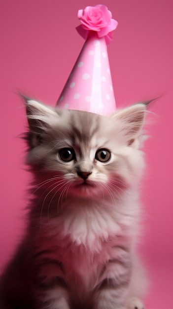 Pinktinted background kitty with birthday hat in foreground