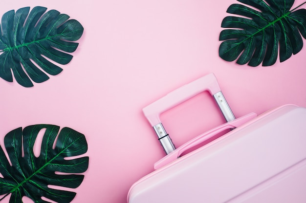 Pinky luggage with palm leaves on pink pastel colored for traveling concept