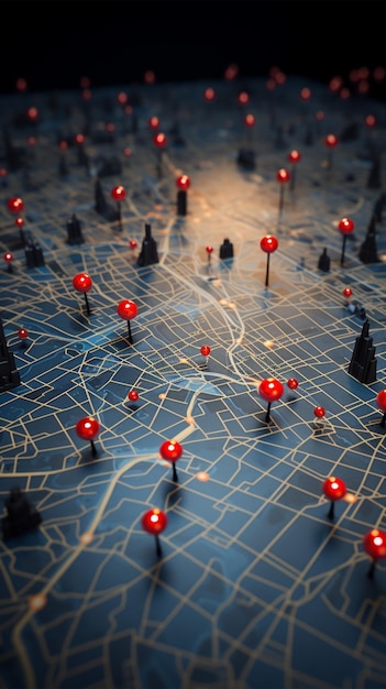 사진 고정된 경로 선명한 빨간색 핀으로 표시된 개념적 도시 지도 수직 모바일 배경화면
