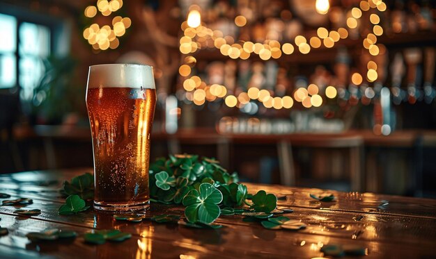 Photo pint of beer on bar with festive clovers and lights