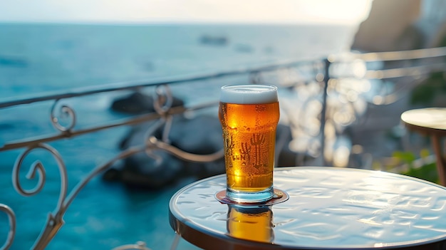 작은 테이블 위 에 있는 차가운 맥주 한 잔 과 배경 에 있는 바다